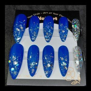 4/$40 ***Summer Sale***Handmade Gel Blue and Silver Glitter Press-On Nails